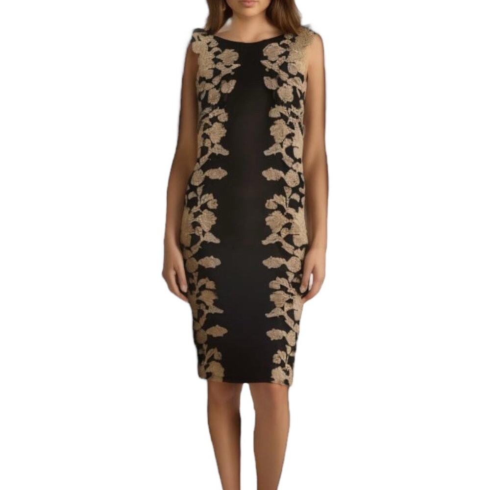 Tadashi Shoji Size 8 Embroidered Floral‎ Sheath Dress Black Sophisticated Artsy